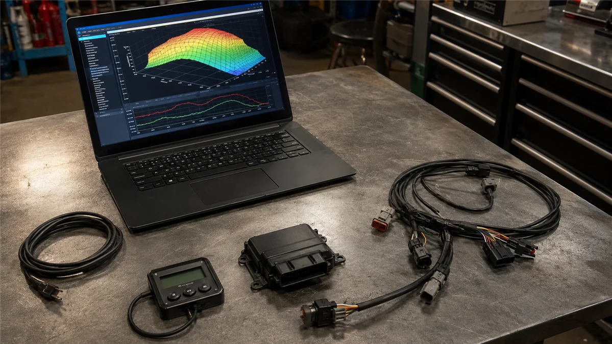 バイクショップの作業台に並ぶECUチューニングモジュールとノートPC