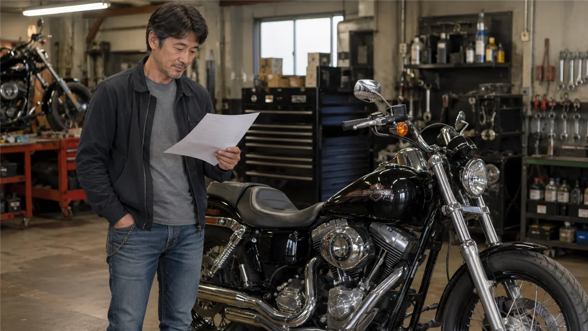 修理ショップで見積書を確認しているハーレーオーナー