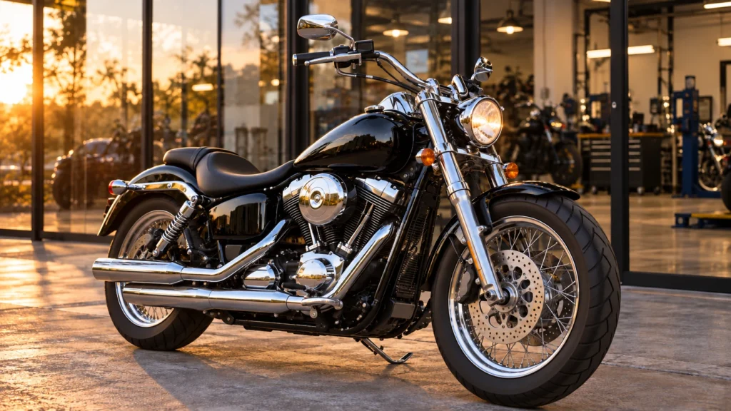 夕日に照らされたバイク販売店の前に停車する黒とクロームのアメリカンクルーザー