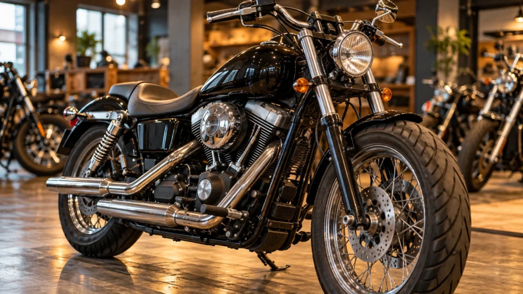 中古ハーレーダイナの黒いクルーザー、店内で撮影した前方斜めの車体写真