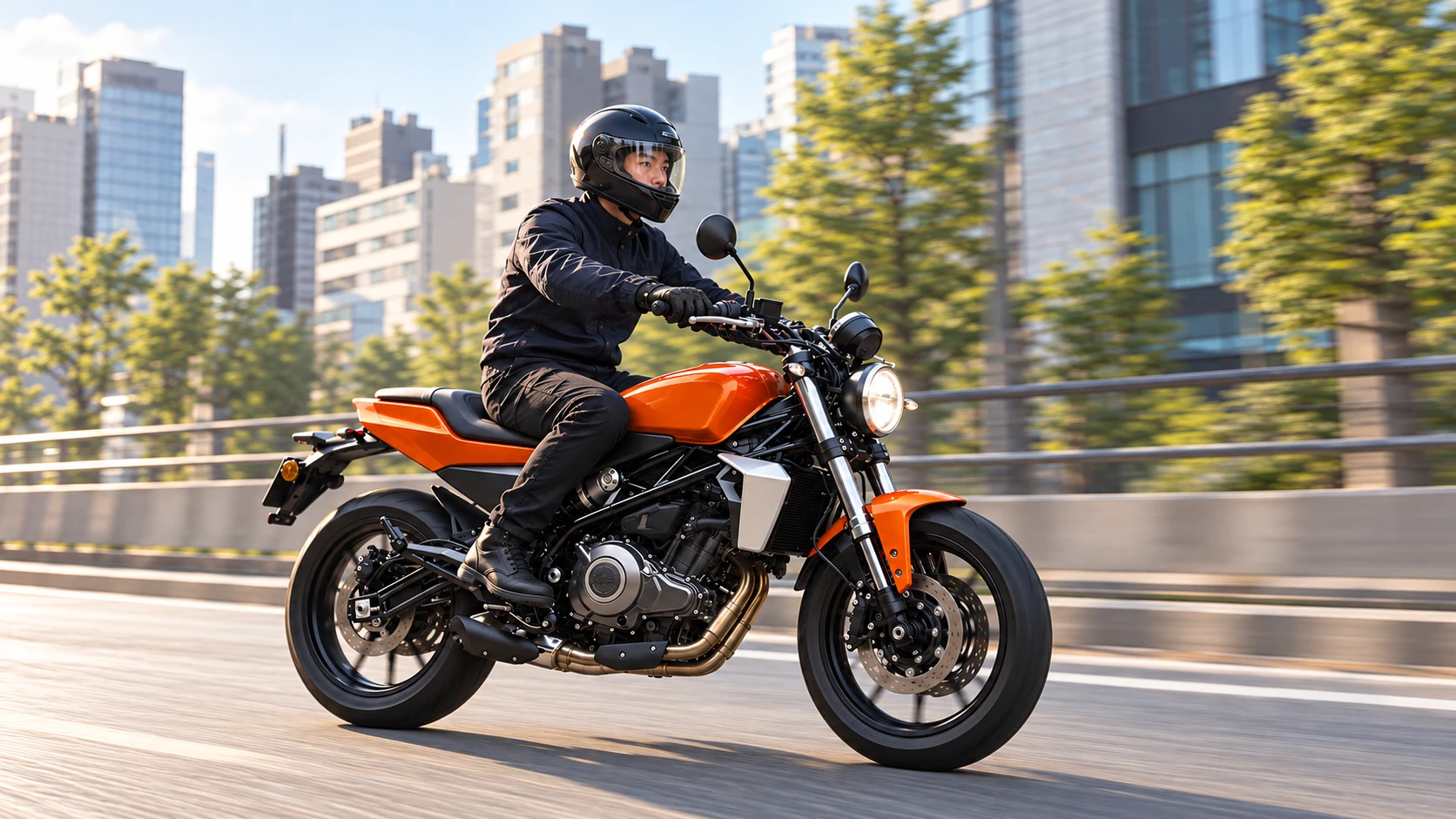 都市部の道路を走るオレンジ色のハーレーX350と、ヘルメットを着用したライダー