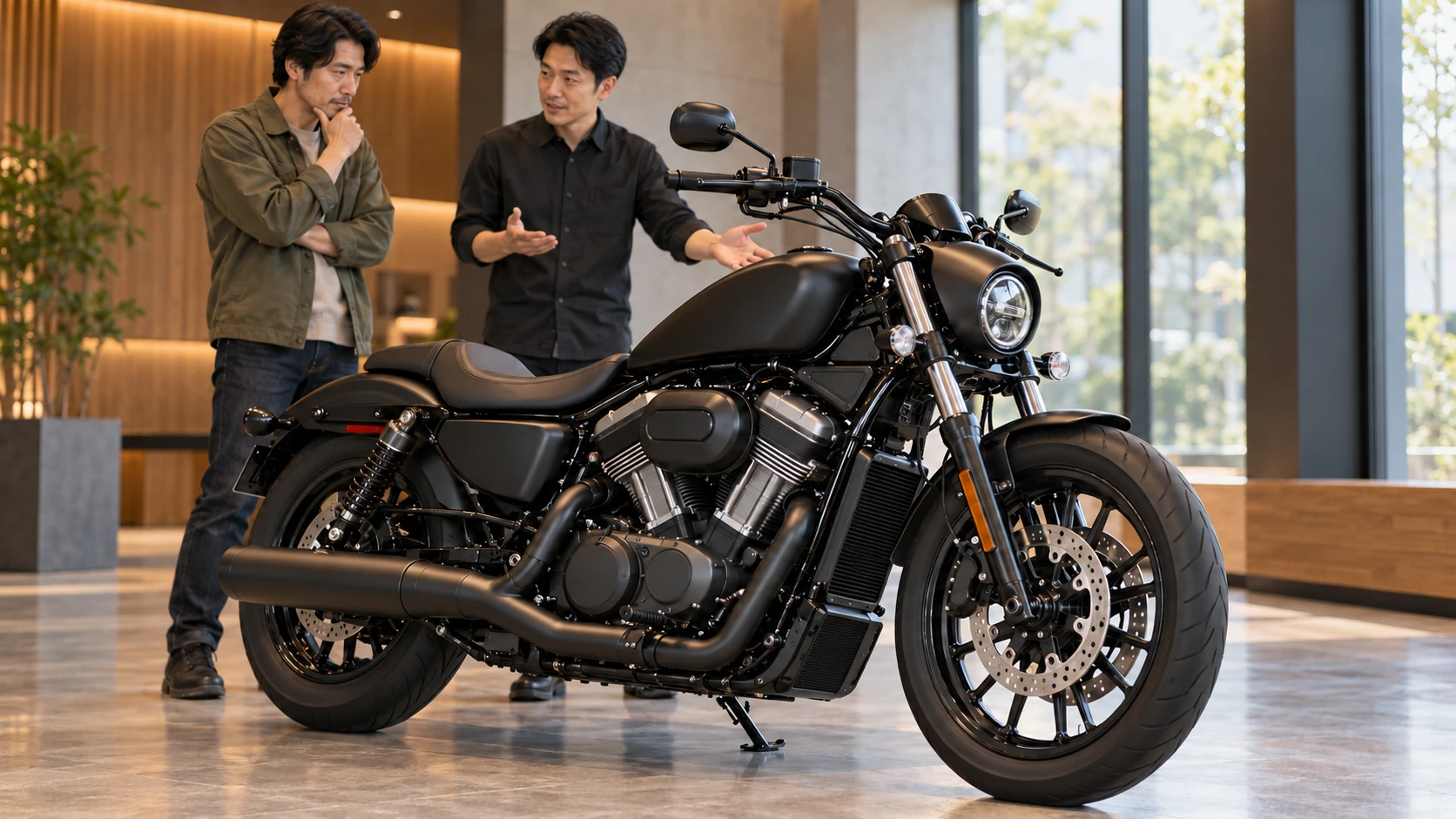 店頭で黒いクルーザーバイクを見ながら購入を相談する男性とスタッフ