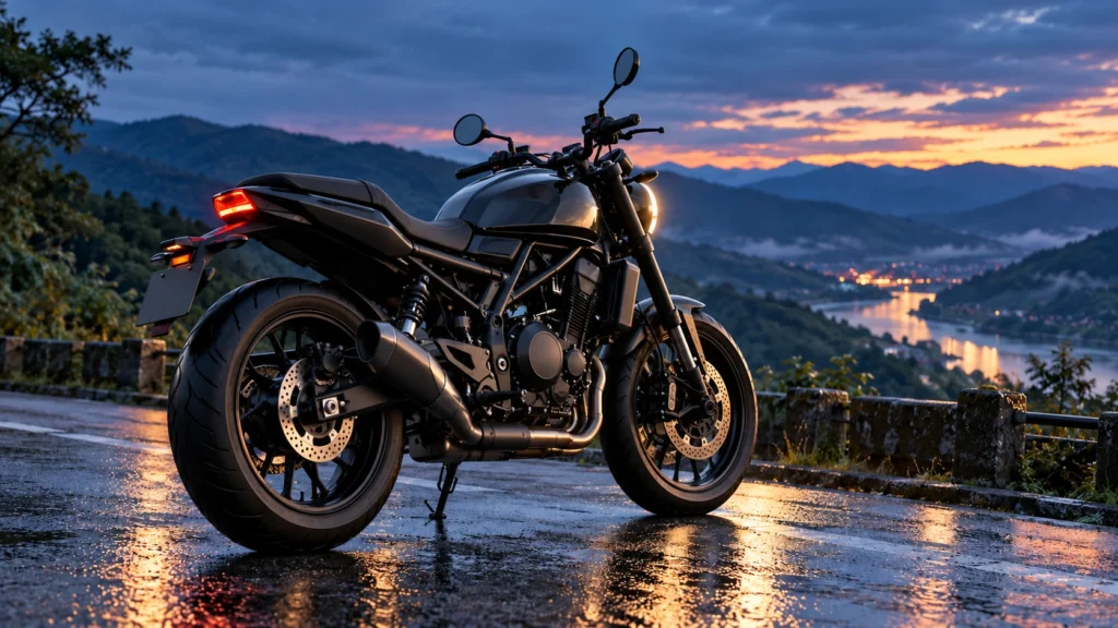 夕暮れの山道に停車するハーレーX350