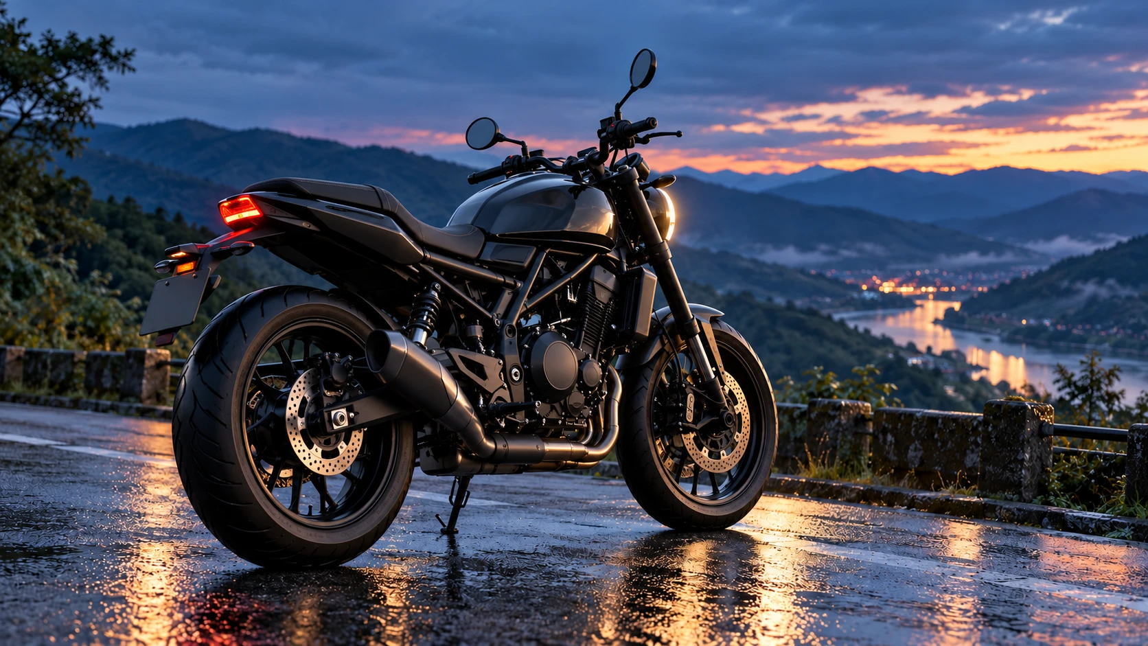 夕暮れの山道に停車するハーレーX350